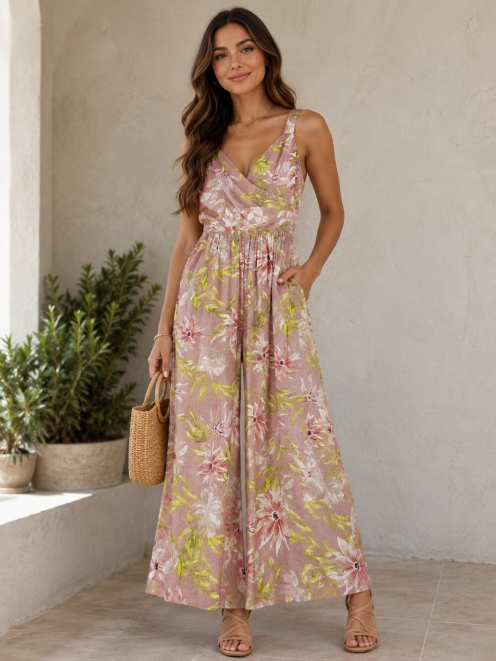 Express Women's Floral Pink Wide Leg Jumpsuit Size Small Elastic Waist